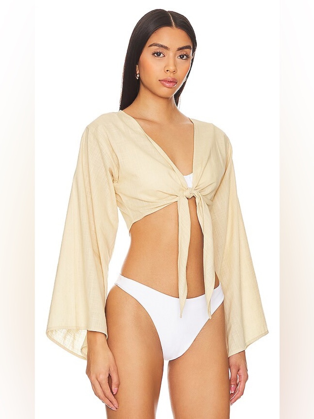 Lovers + Friends Beige Tie-Front Bell Sleeve Crop Top